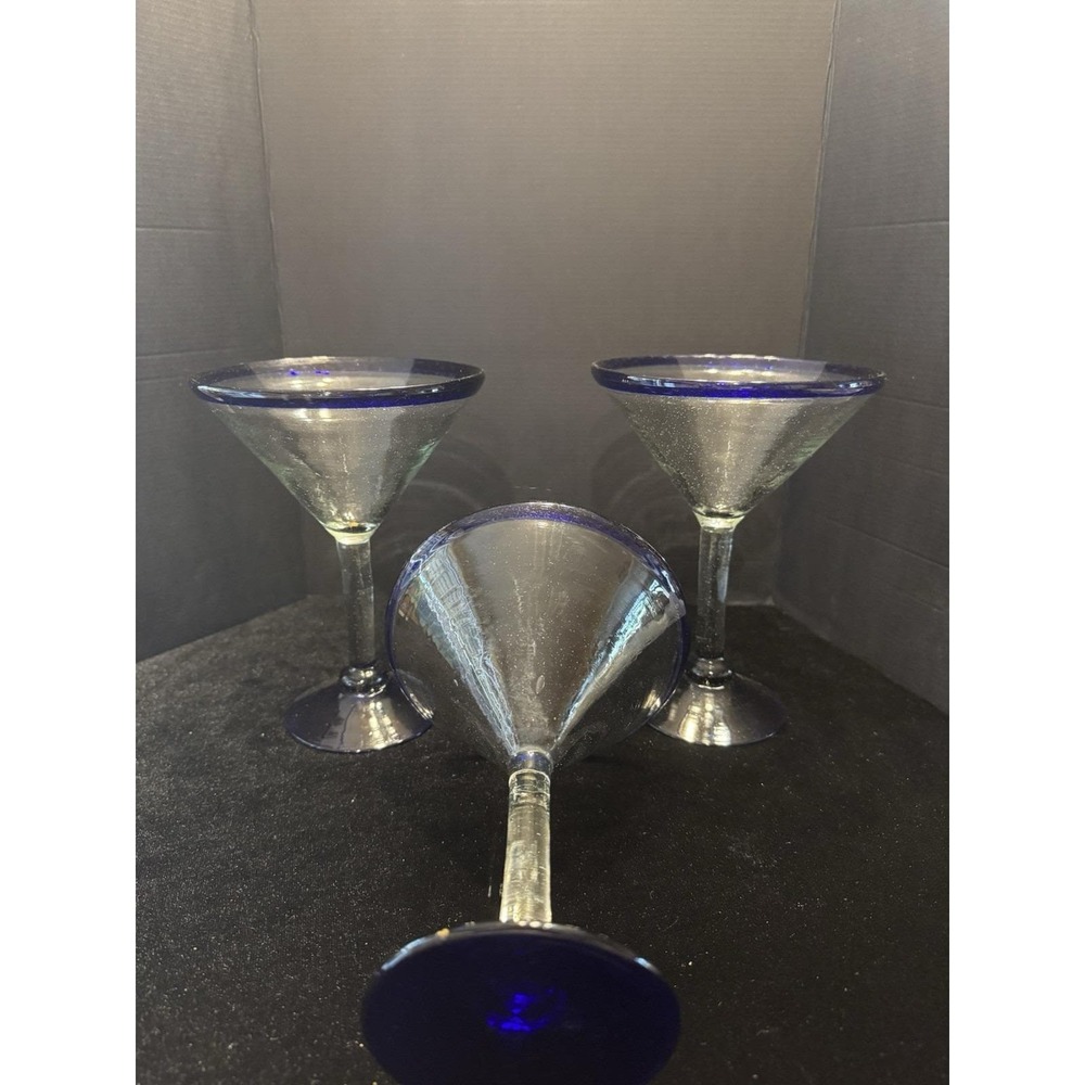 Hand Blown Mexican Martini Glasses - Cobalt Blue Rim- Lot 3